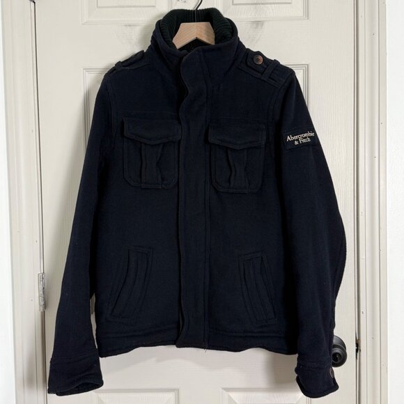 Abercrombie and Fitch Jacket Mens Large Blue Military Pockets Y2K Vintage Wool - Picture 1 of 12